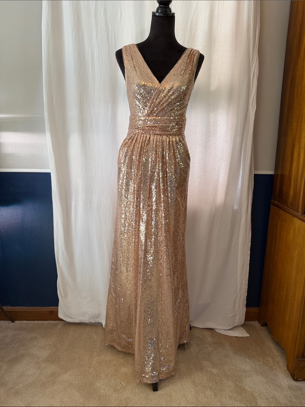 Sleeveless Rose-Gold Sequin V-Neck Maxi Dress